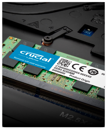  A macro shot of Crucial DDR4 SODIMM installed in a laptop.